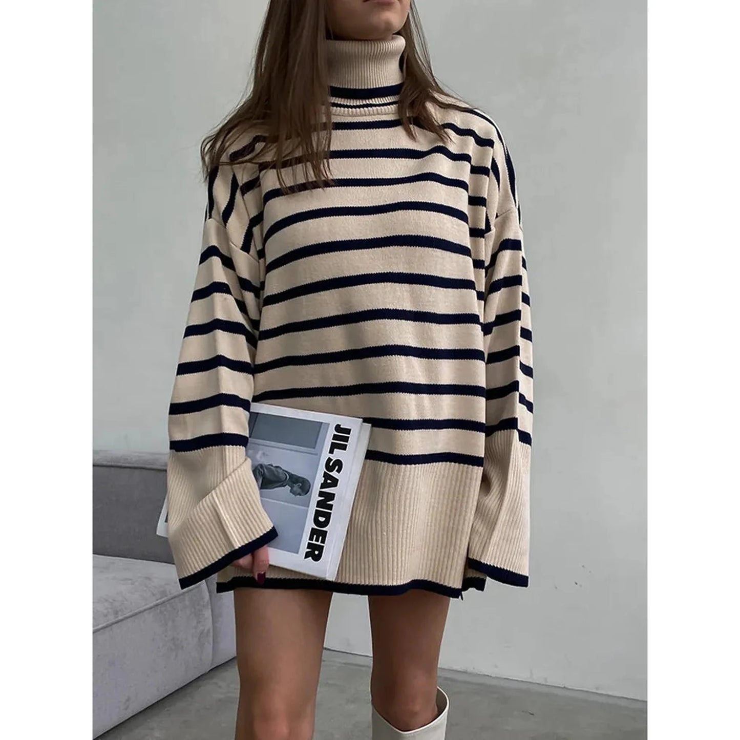 Loose Striped Turtleneck Sweater