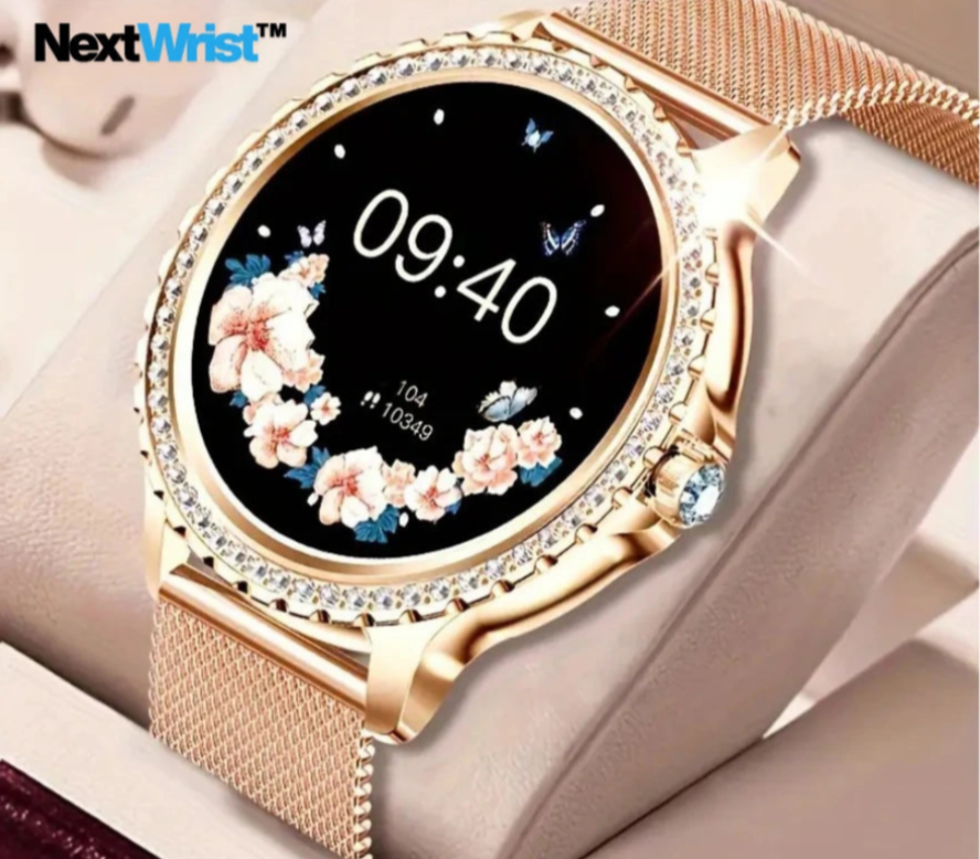 Rose gold smartwatch with floral display on a light background