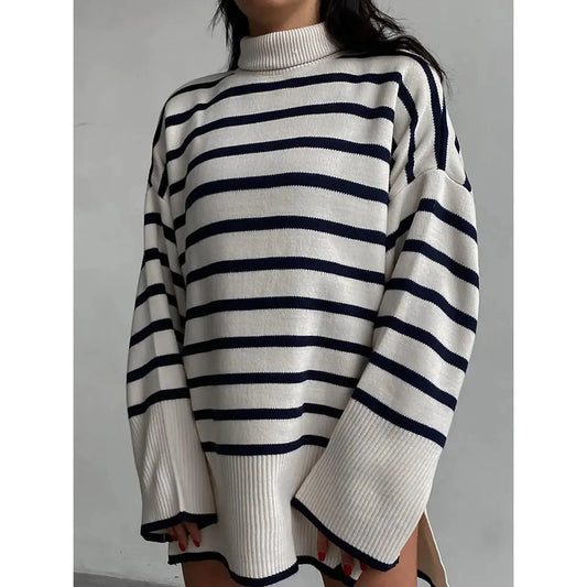 Loose Striped Turtleneck Sweater