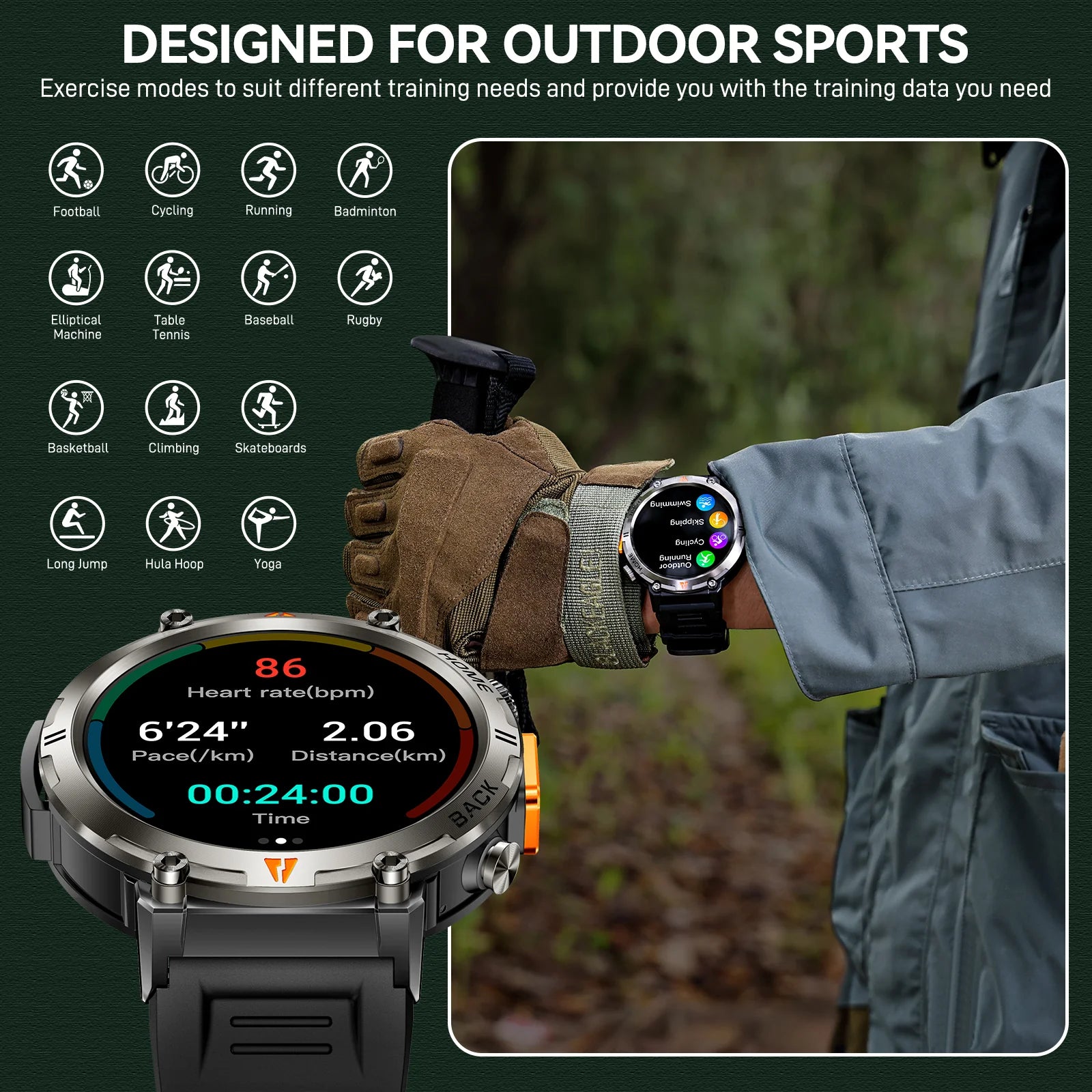 NextWrist being worn with outdoor sports modes displayed on a green background