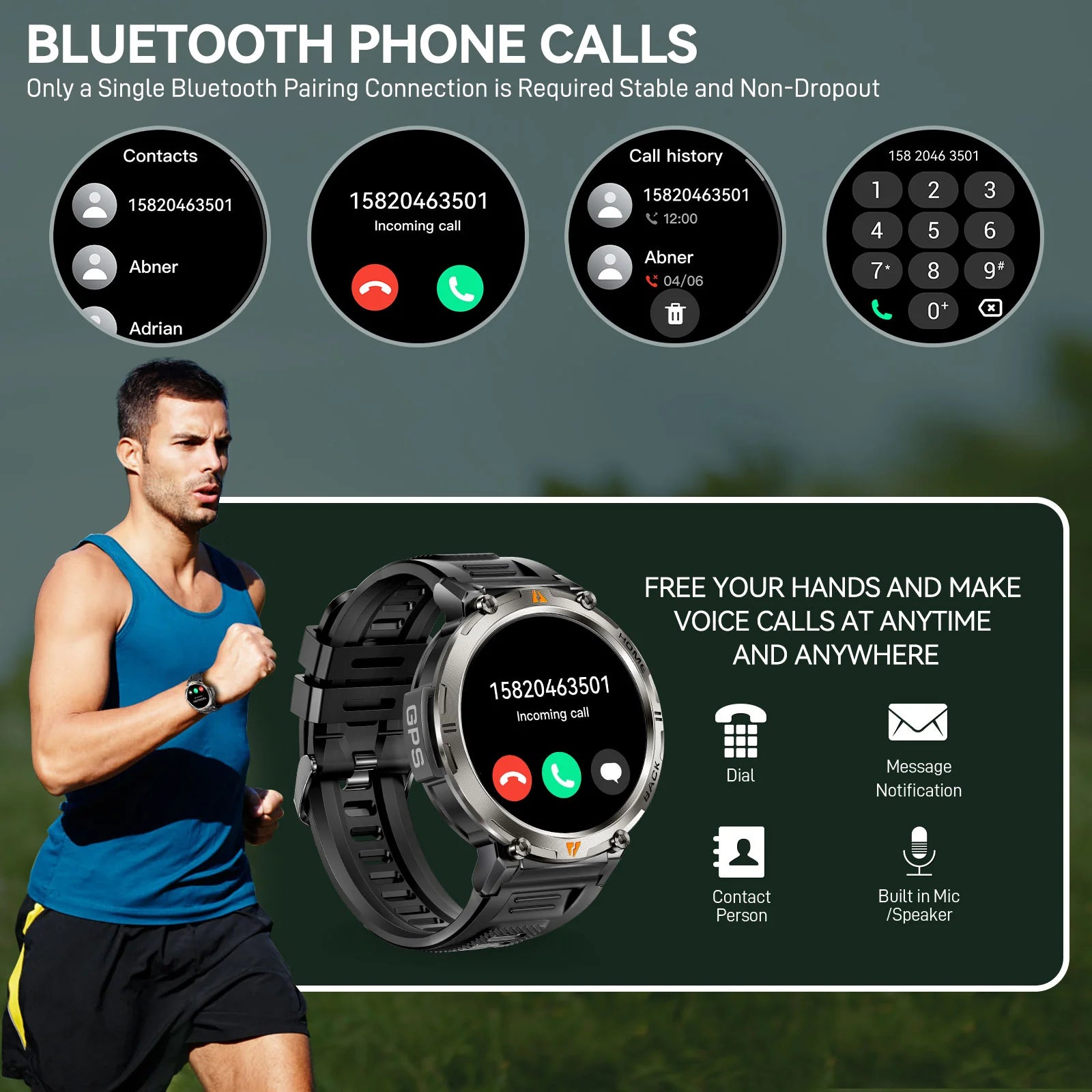 NextWrist™ Smartwatch being used by a runner with phone call interface on screen