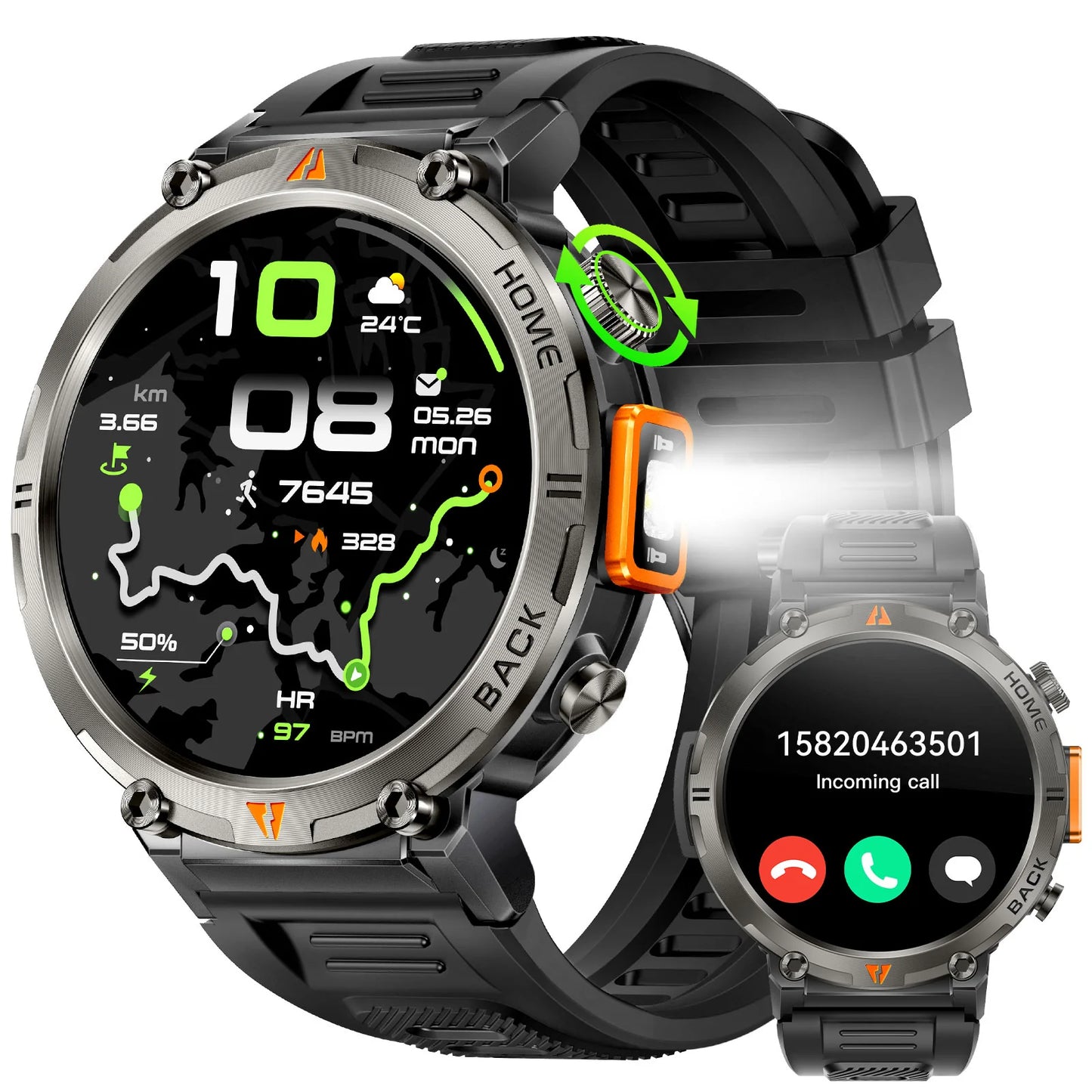 NextWrist™ Smartwatch with GPS and a detailed display and black band on a white background
