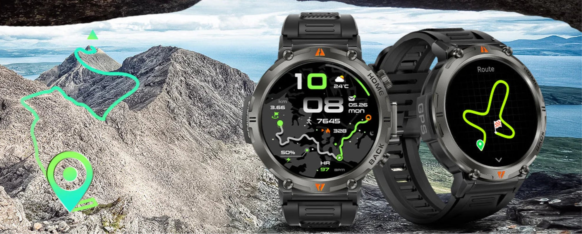 Smartwatch with hiking app display on mountain background